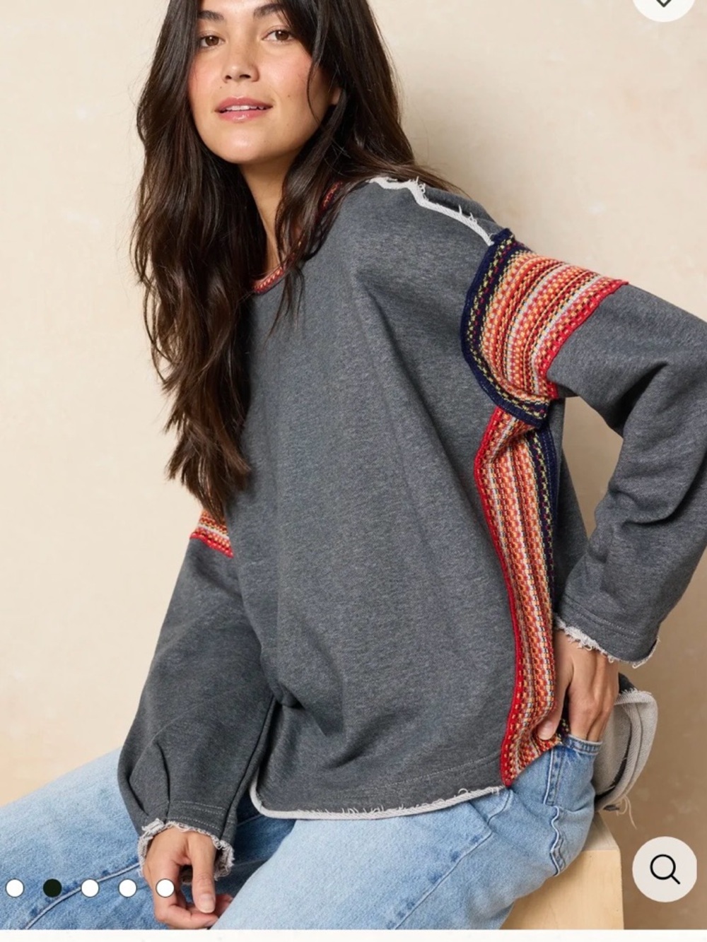 Natural Life Gray Colorful Knit Trim Accents Pullover Sweatshirt Raw Hem S/M